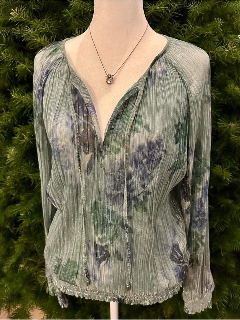 White House Black Market Light Green Floral Pleated Blouse